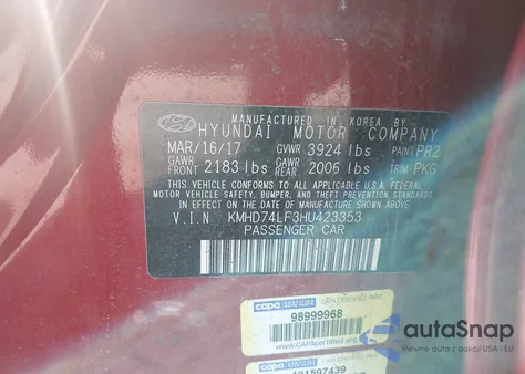 2017 Hyundai Elantra Se z USA, uszkodzony, nr VIN KMHD74LF3HU423353